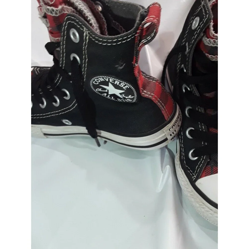 Converse Sneakers, All Star Chuck Taylor High Top Black with Plaid. Rare.